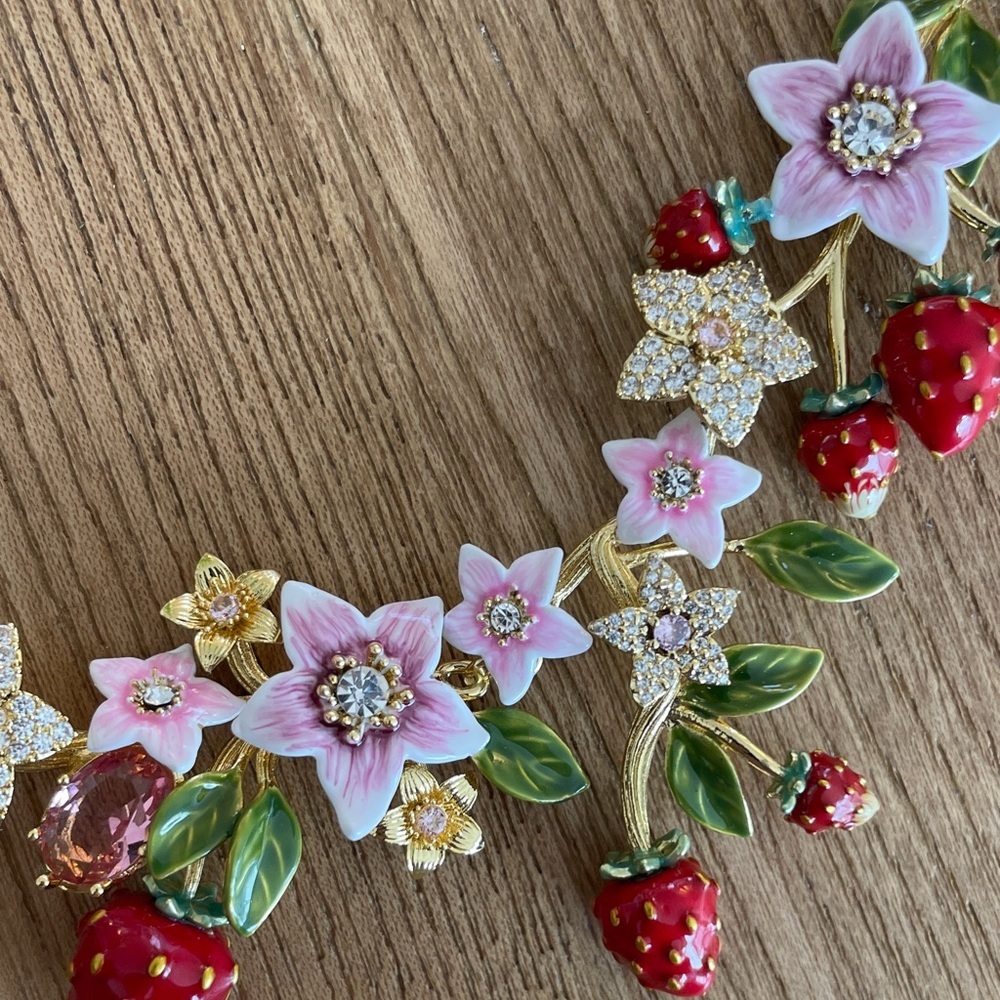 Anthropologie Pink, Red & Green Strawberry Floral Necklace - Picture 8 of 10